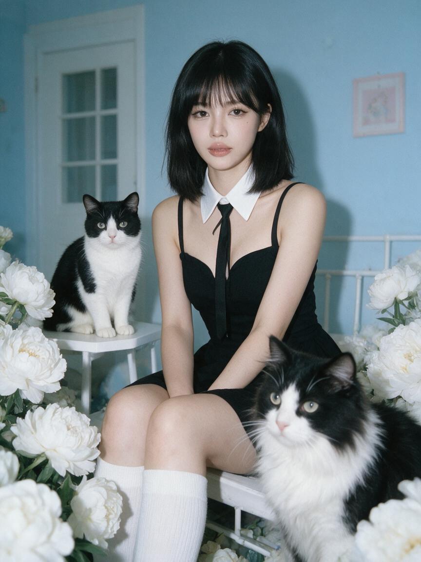 超写实柔焦卧室时尚人像：一位年轻成年女性坐在一间冷色调粉蓝色房间中，周围环绕着超大朵的白色花朵和两只黑白相间的猫。画面应感觉梦幻、安静、略带怪诞，并带有细腻的Y2K风格——像是用老式数码相机拍...