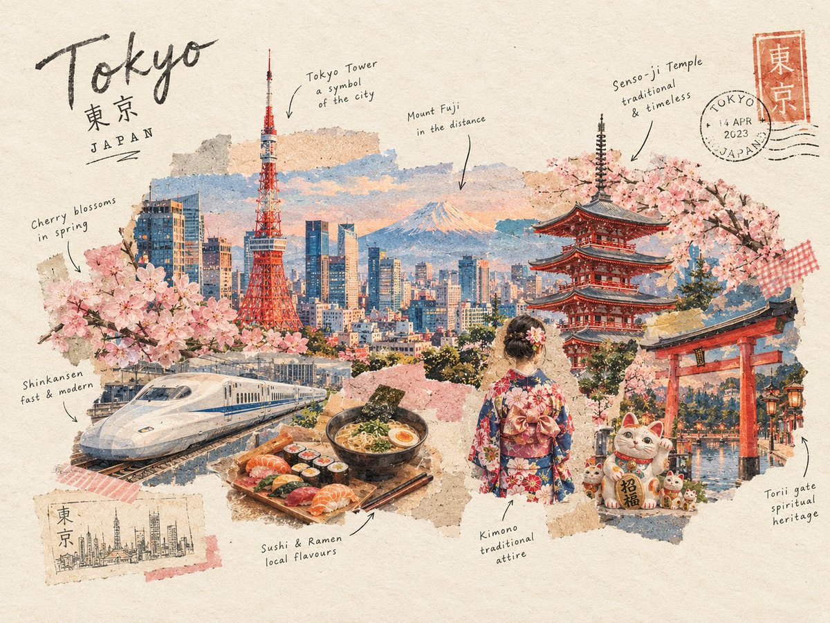 创作一幅迷人的手工旅行拼贴画，代表 [CITY / COUNTRY]。 在温暖的象牙色纸张背景上，用撕纸、水彩晕染、老照片、墨水速写和层层叠加的剪纸纹理构建场景。 包含 5–7 个目的地的标志...