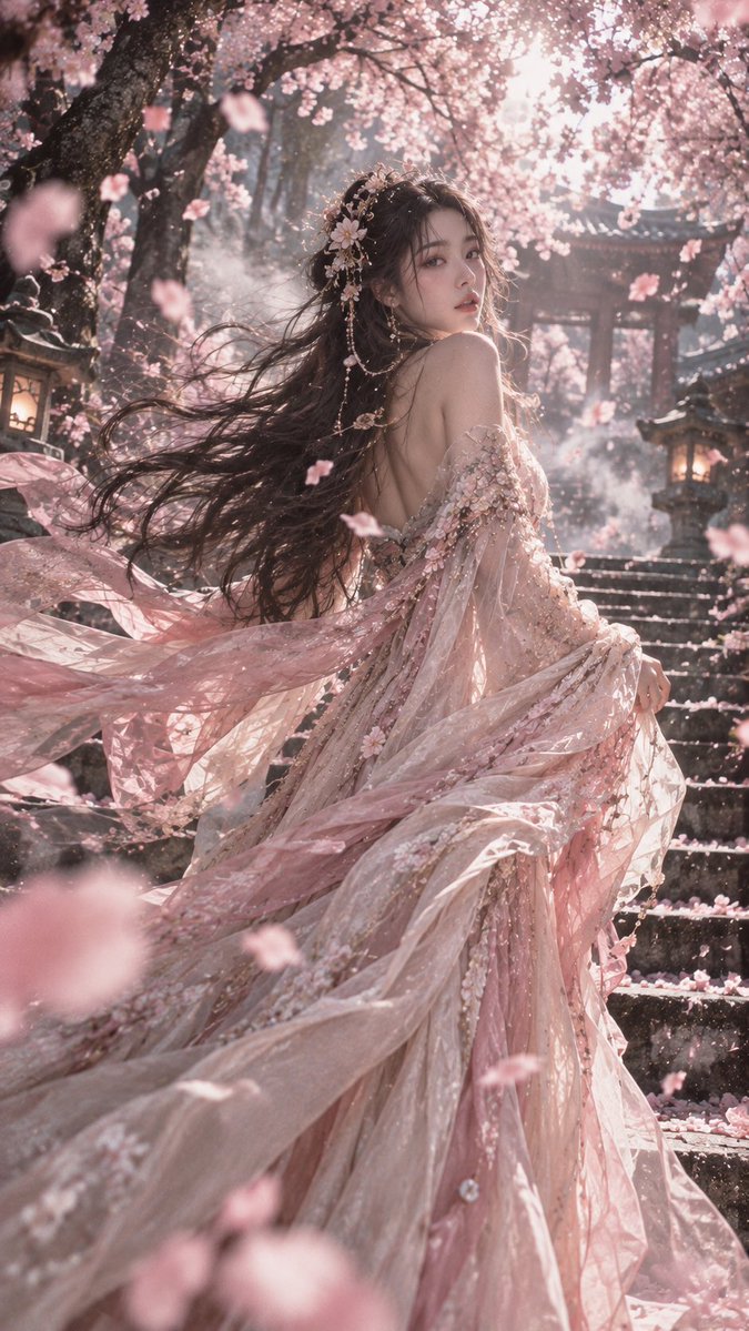 🎞️ 超现实古风电影胶片人像，9:16 竖幅；18–22 岁、明确成年的漂亮东亚女性，约 1.75 米，精致小脸与柔和立体五官，冷白通透肌肤，妩媚又疏离的眼神，高挑纤细的模特身材，胸部视觉约自...