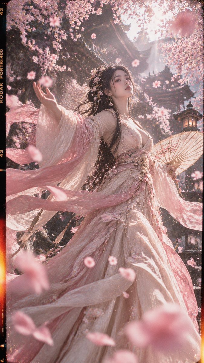 🎞️ 超现实古风电影胶片人像，9:16 竖幅；18–22 岁、明确成年的漂亮东亚女性，约 1.75 米，精致小脸与柔和立体五官，冷白通透肌肤，妩媚又疏离的眼神，高挑纤细的模特身材，胸部视觉约自...