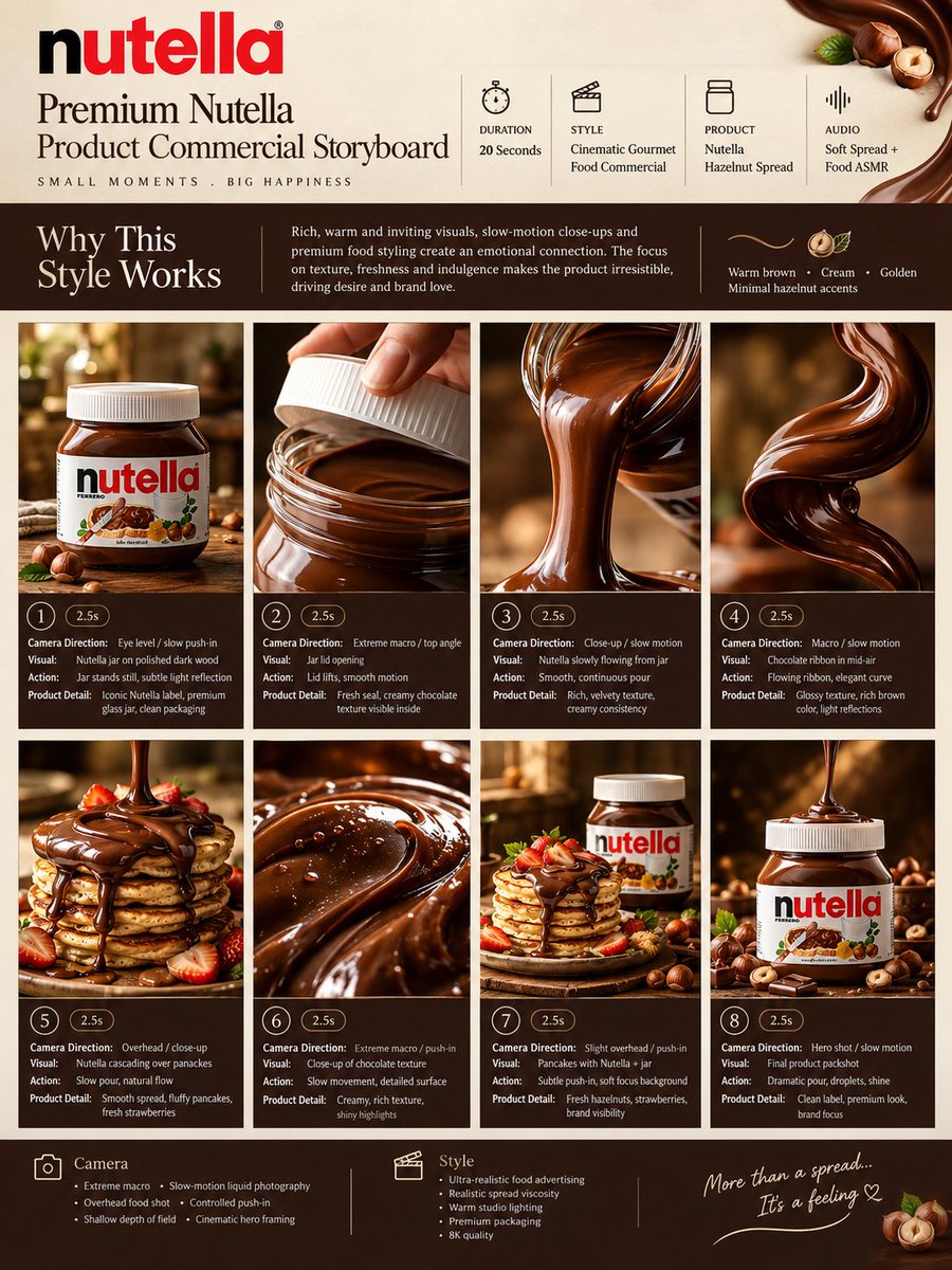 Gpt Image 2 × Gemini Omni flash 在 @ImagineArt_X 提示词 - TITLE： Premium Nutella 产品商业广告分镜脚本 FORMAT（格...