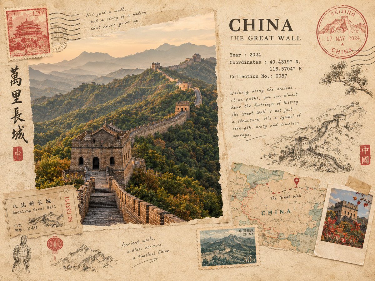 为 [DESTINATION]（目的地）制作一张高端旅行记忆卡，设计风格仿若一位复古探险家私人收藏中精心编排的一页。以 [ICONIC LANDMARK]（标志性建筑/景点）作为视觉主体，周围...