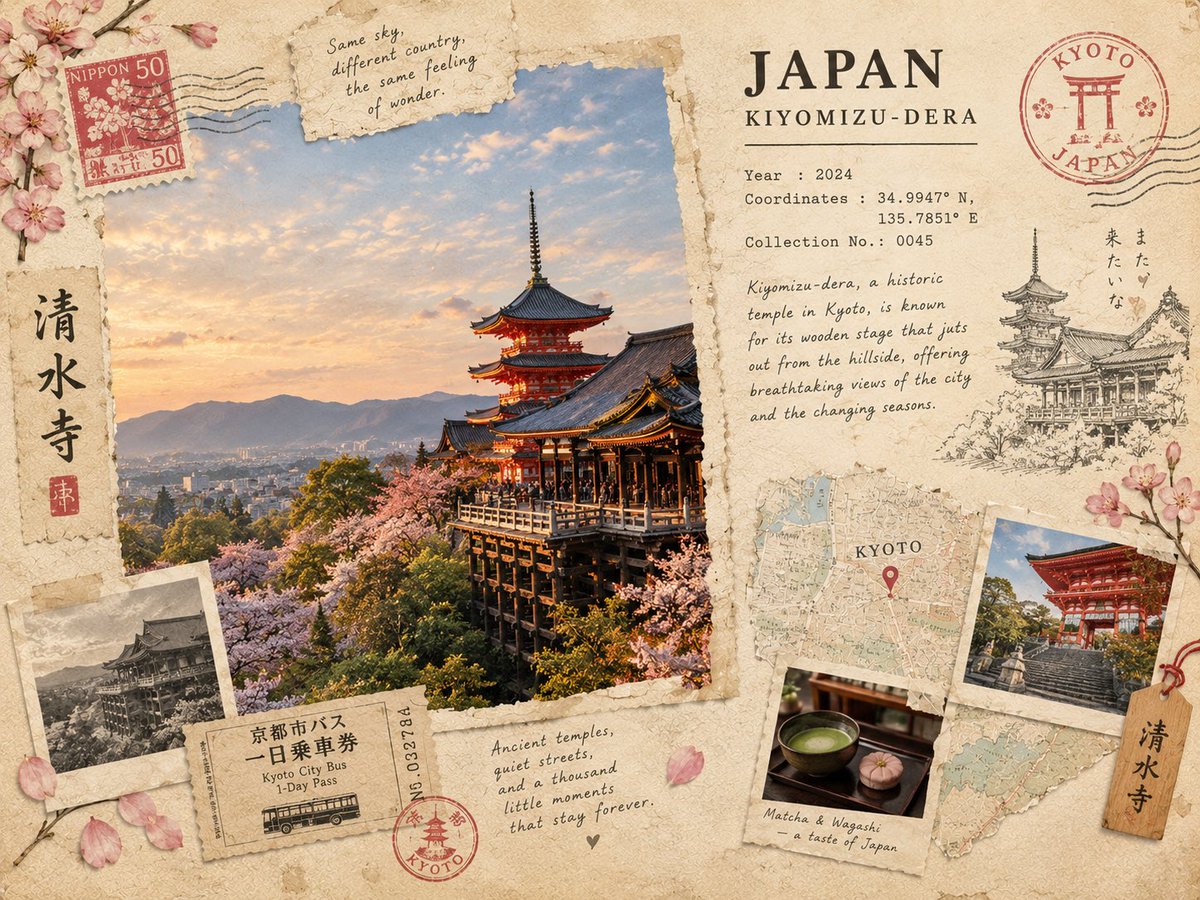 为 [DESTINATION]（目的地）制作一张高端旅行记忆卡，设计风格仿若一位复古探险家私人收藏中精心编排的一页。以 [ICONIC LANDMARK]（标志性建筑/景点）作为视觉主体，周围...