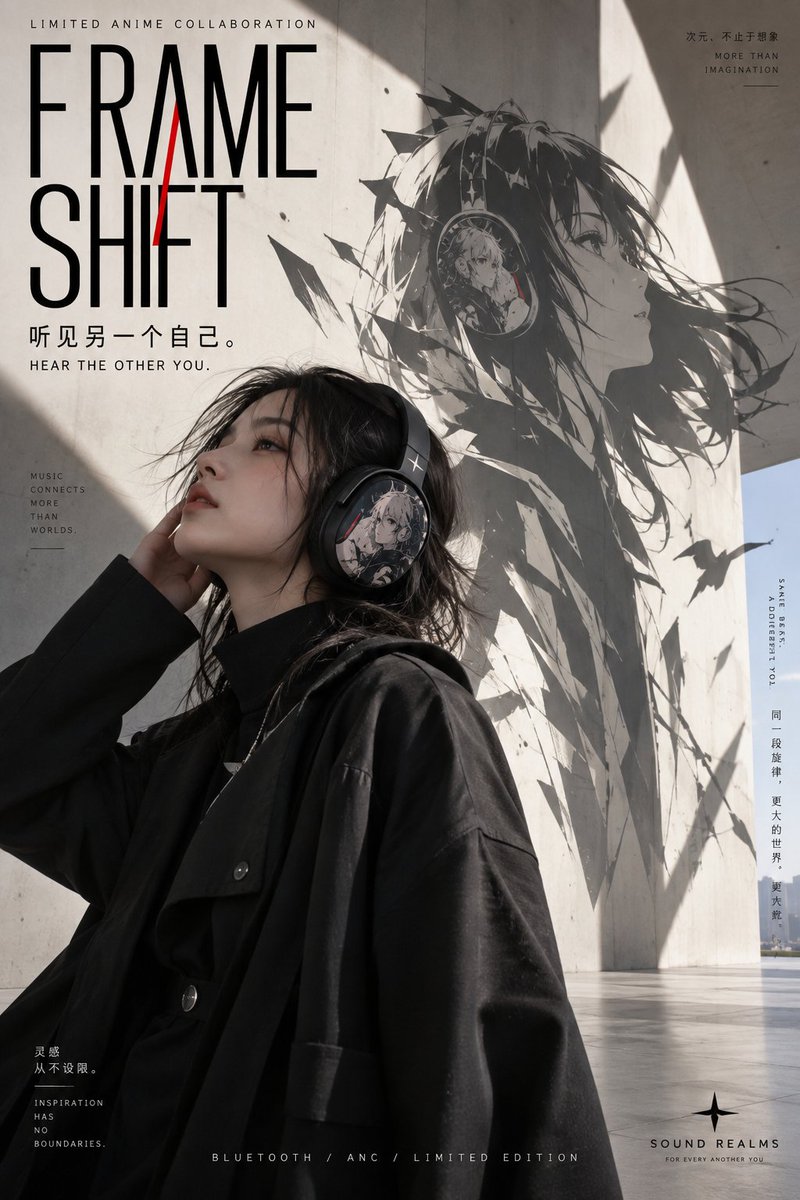 Gptimage2 提示词分享： 为一款限定版动漫联名头戴式蓝牙耳机，创作一张完整的、高品质的 2:3 竖版广告海报。 活动标题： “FRAME SHIFT”（帧·转换） 核心概念： 耳机是现...