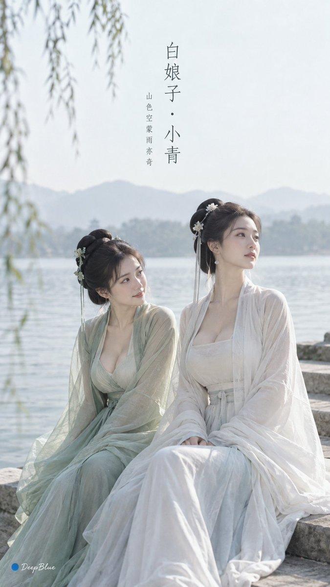 极简东方 × 宋式美学 × 古风 Editorial × 独立艺术封面 人物：白娘子、小青。 白娘子：画面右侧，微微侧身望向远处，神态沉静温婉；月白宋式长裙，简洁发髻，少量白玉饰。 小青：画面...