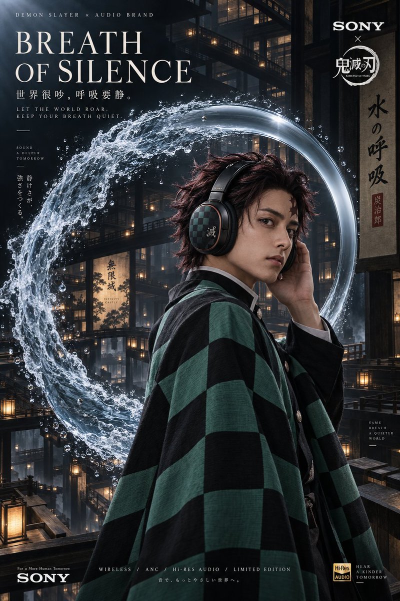 Gptimage2 提示分享： 为一款奢华无线头戴式蓝牙耳机 ×《鬼灭之刃》（DEMON SLAYER: KIMETSU NO YAIBA）限定联名合作，创作一张完整的 2:3 竖版高端商业广...