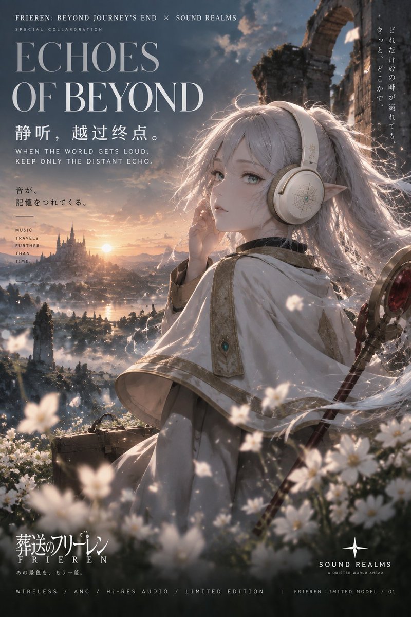 Gptimage2 提示词分享： 为高端无线头戴式蓝牙耳机 × 《葬送的芙莉莲》限定联名，创作一整张 2:3 竖版高端商业广告海报。 活动标题： “ECHOES OF BEYOND” 静听，越...