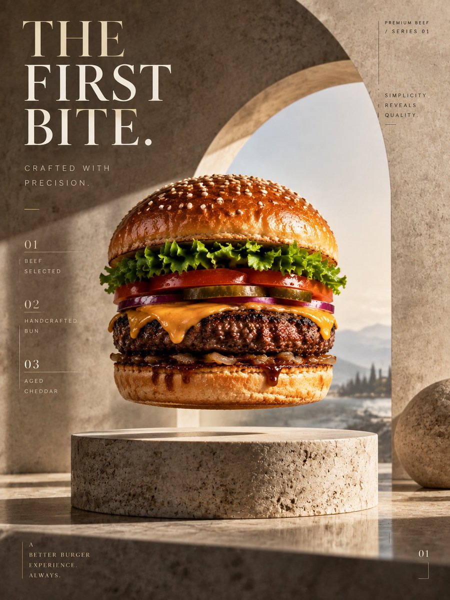 Gptimage2 提示词分享： 为一款高端牛肉汉堡创建一张完整的高档广告海报，竖版 3:4 比例。 选定风格： 超现实主义 × 静奢风 —— 极简奢华静物、梦幻般的空间构图、精炼材质、柔和的...