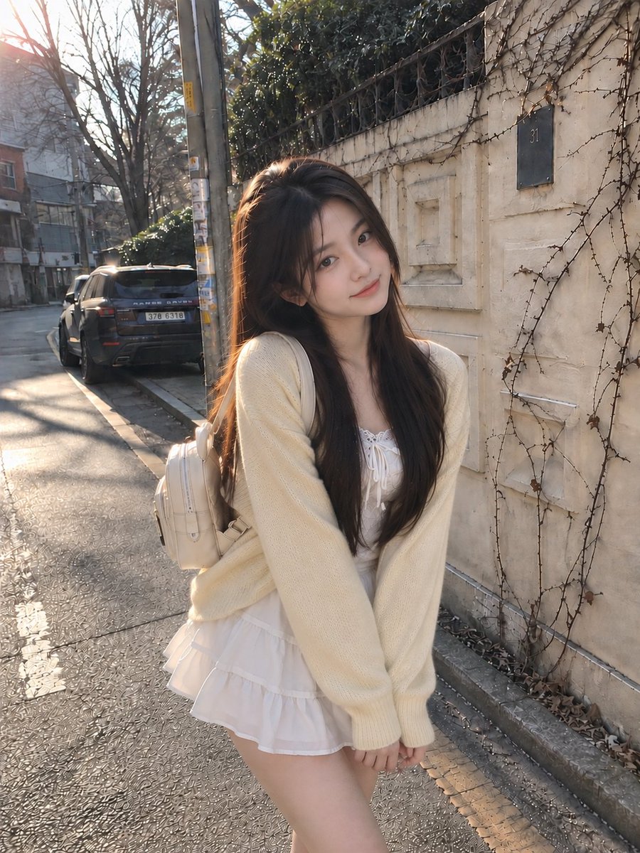 年轻女性, 深棕色长直发，自然垂落于肩头, 温柔、愉悦、放松的微笑，双眼轻轻闭合, 头微微向一侧倾斜，双臂舒适交叉，一条腿轻轻向后抬起，呈现俏皮自然的姿态, 梦幻、宁静、愉悦、柔和而自然, 自...