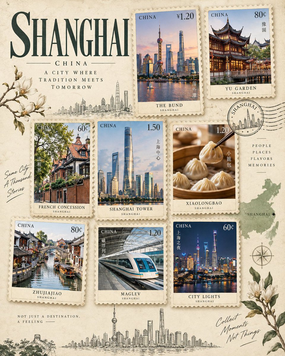 为 [LOCATION]（地点）创作一张高级纵向 4:5 旅行海报，灵感来自一套优雅的复古邮票收藏。使用温暖的象牙白纸张背景，搭配细腻的纸张纹理、柔和的阴影与精致的编辑级字体排版。 版面布局：...