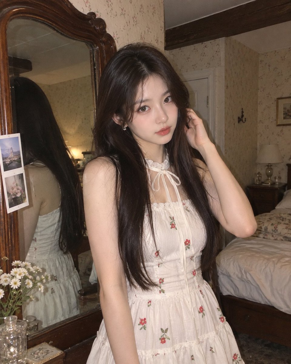 一张照片写实风格的室内人像照，画面中一位年轻女子站在一间温馨复古卧室里，旁边是一面带大型复古木框的镜子。她留着深棕色中分长直发，妆容柔和自然，戴着精致的耳饰，神情优雅含蓄。她身穿一件无袖白色连...