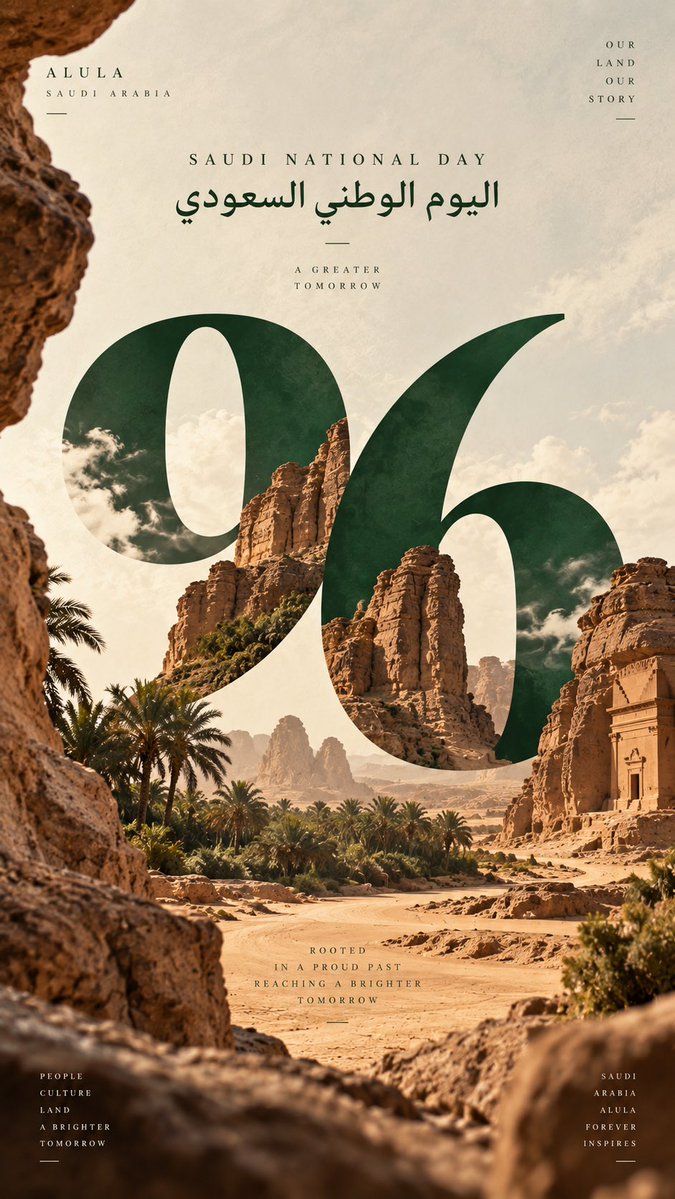 沙特国庆日96图片 💚🇸🇦 我选择了艾卜哈、吉达、欧拉、塔布克 GPT图像提示 Create a premium cinematic vertical editorial poster cel...