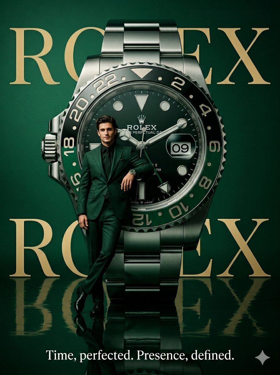 使用 Nano Banana Pro 在 @GeminiApp 上生成 Prompt ⤵️ ; 一张为 Rolex（劳力士）打造的高级时装超现实...
