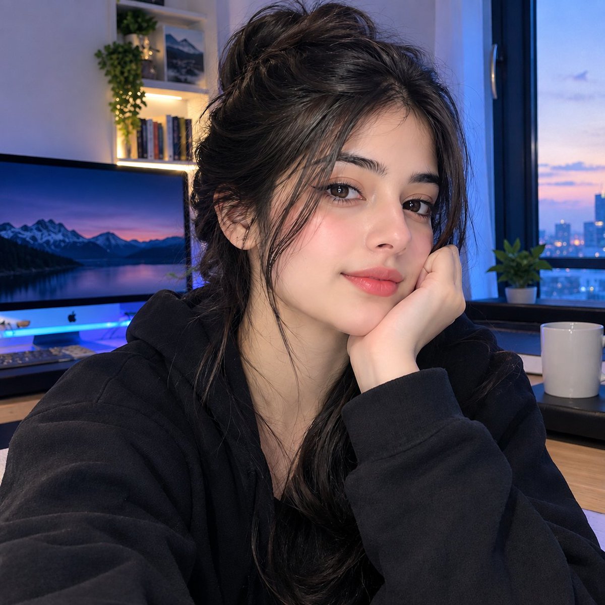 一张特写自拍照，一位美丽的年轻南亚女性将头靠在手上，以微妙而温柔的微笑直视镜头。她有着深棕色头发，蓬松随意地挽起，几缕柔软的发丝垂落在脸庞两侧，深色杏仁状眼睛，眼线分明，淡雅腮红，粉嫩嘴唇。她...