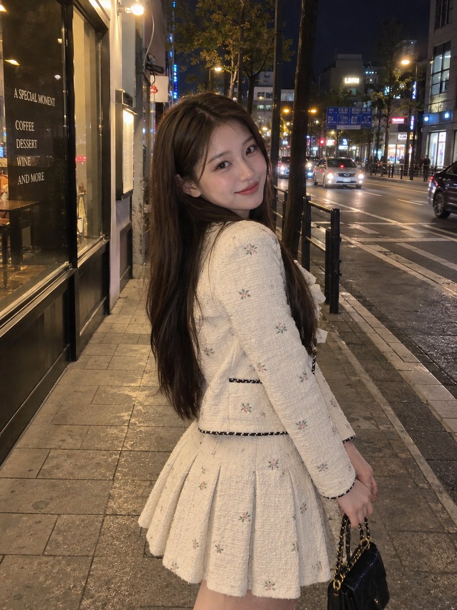 一张逼真的夜间街头人像照，照片中一位年轻女子站在热闹的城市街道上，身穿一件精致的奶白色纹理夹克，上面有细小的花卉图案、装饰性蝴蝶结、深色滚边和珍...