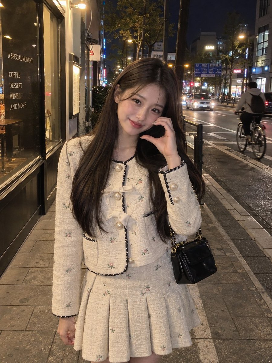 一张逼真的夜间街头人像照，照片中一位年轻女子站在热闹的城市街道上，身穿一件精致的奶白色纹理夹克，上面有细小的花卉图案、装饰性蝴蝶结、深色滚边和珍珠般的纽扣，搭配一条同款百褶裙。她留着长直深棕色...