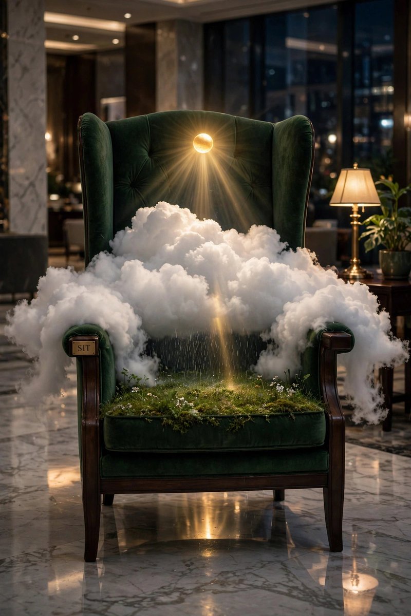 夜晚酒店大堂的照片级真实感画面。一把高背扶手椅上坐着小小的一片天气：一团浓密的白云，大到能从两侧扶手溢出；云的上方有一轮金色小太阳向下照耀，清晰的光束穿透云层；下方座位是一片绿色草地的草地，细...