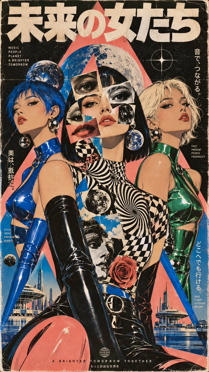 超现实主义 1970 年代迷幻拼贴肖像画,一位女性正面朝向观者,她的面部被分割成重叠的面具、眼睛、嘴唇和几何剪纸形状。她的服饰覆盖着相互冲突的视错觉图案,超现实主义时尚意象,大胆的原色,扁平化...