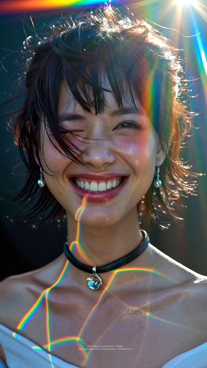 [Higgsfield Soul 2.0 提示词] ar 9:16 2K 一张年轻东亚女性的特写肖像：黑色短发凌乱，稀疏的刘海垂落遮住一只眼睛，眯眼咧嘴大笑露出牙齿，面颊、鼻尖和嘴唇上皮肤泛红...