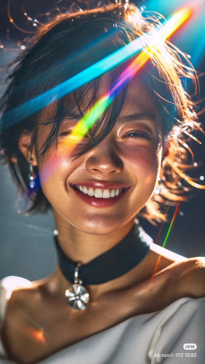 [Higgsfield Soul 2.0 提示词] ar 9:16 2K 一张年轻东亚女性的特写肖像：黑色短发凌乱，稀疏的刘海垂落遮住一只眼睛，眯眼咧嘴大笑露出牙齿，面颊、鼻尖和嘴唇上皮肤泛红...