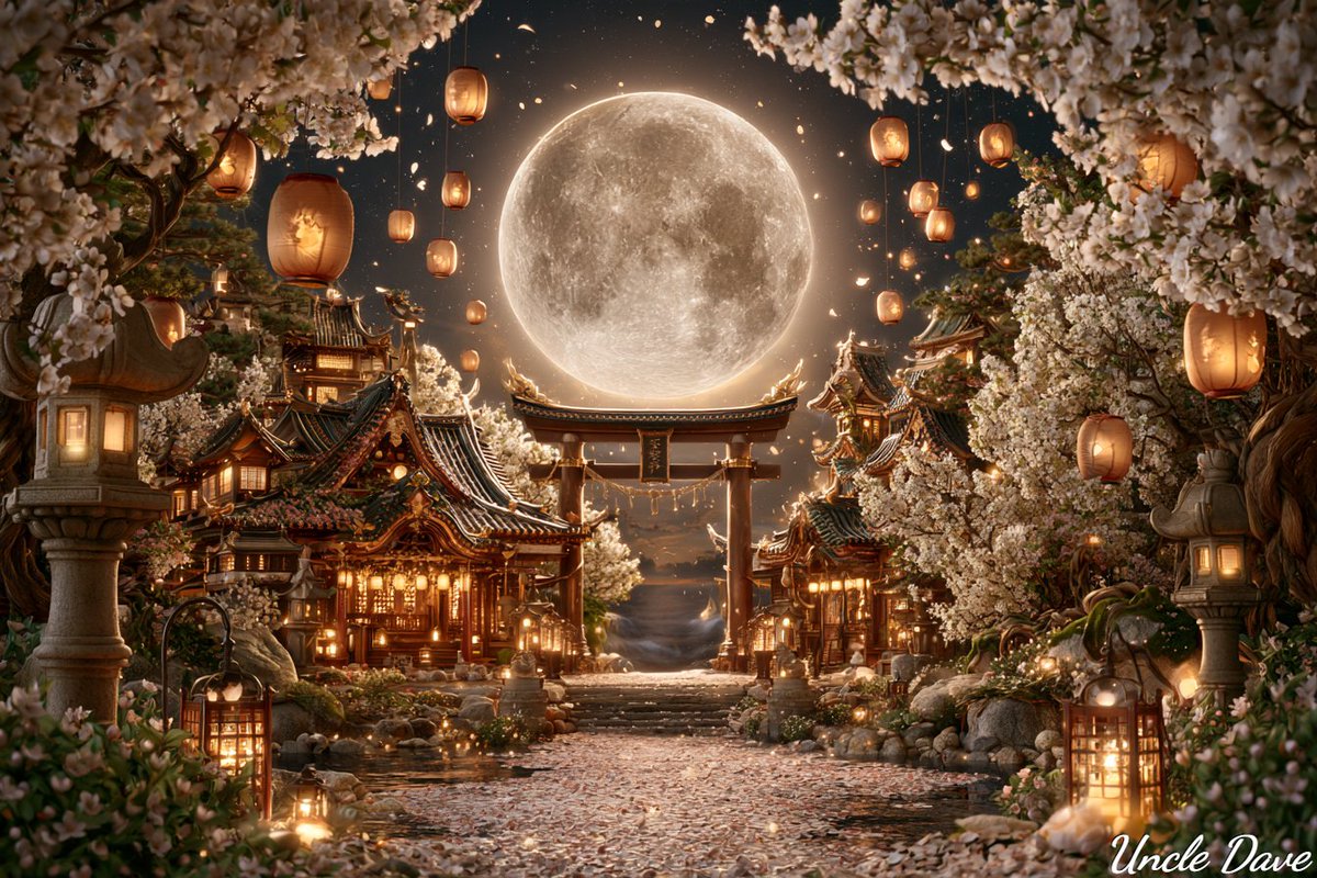 满月下的落樱神社，纸灯笼飘向天际，鸟居剪影，月光下的樱花。--ar 3:2 --profile pz8oy84 9nv6snq 2hwt1bg...