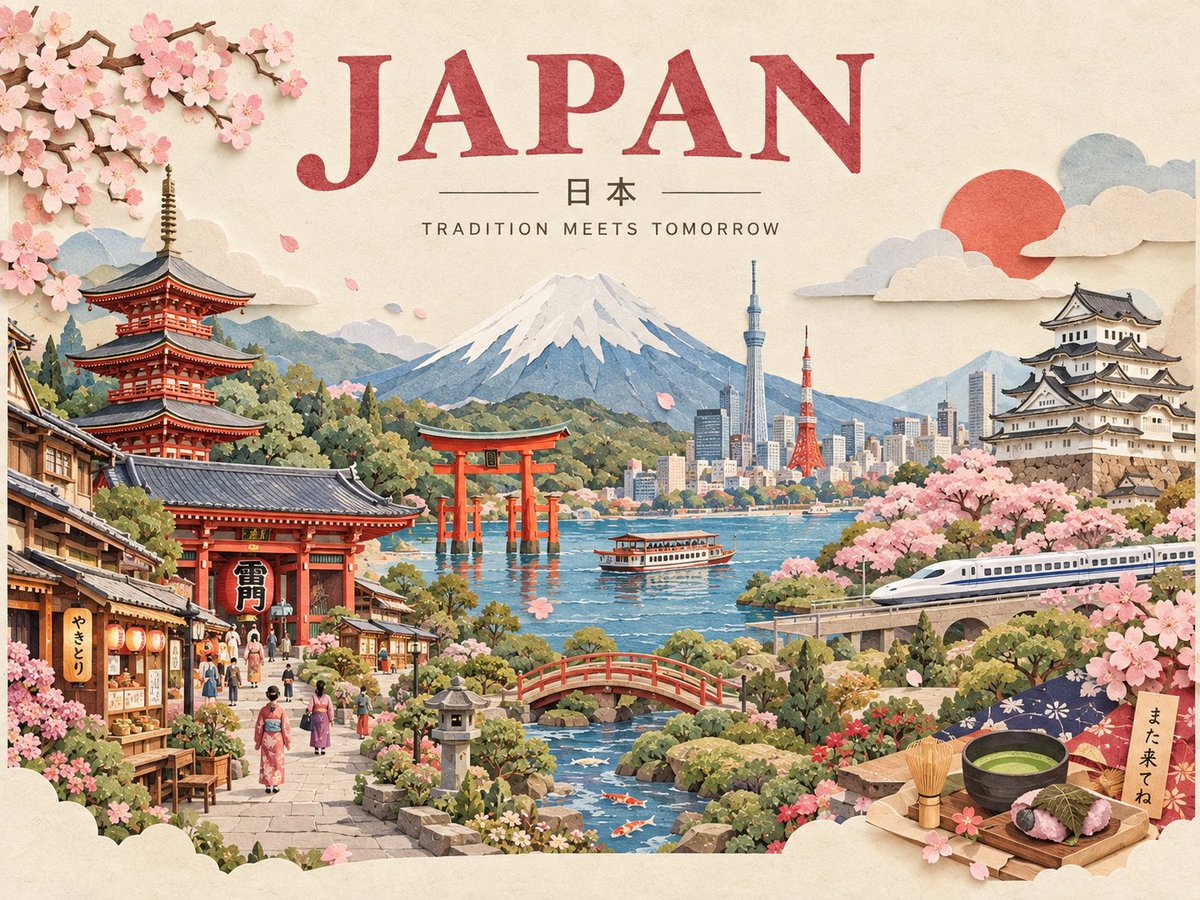 创作一张迷人的手工3D剪纸风格旅行海报，代表[目的地]。将整个场景构建为一个统一的分层纸质立体场景模型，拥有柔和的雕塑感纸质纹理、剪裁边缘、细腻...
