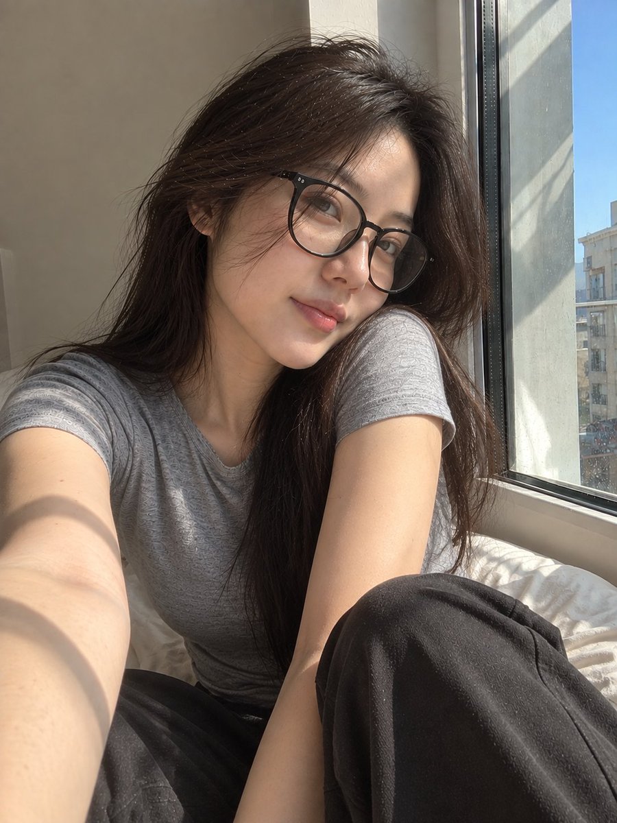 超写实风格的休闲智能手机自拍照：一位年轻东亚女性坐在安静房间内靠近阳光照射的窗户旁。保持与面部参考的高度相似性，包括柔和轮廓的鹅蛋脸、温和的下颌线、自然比例的鼻子、真实的唇形、均衡的眼距、微妙...