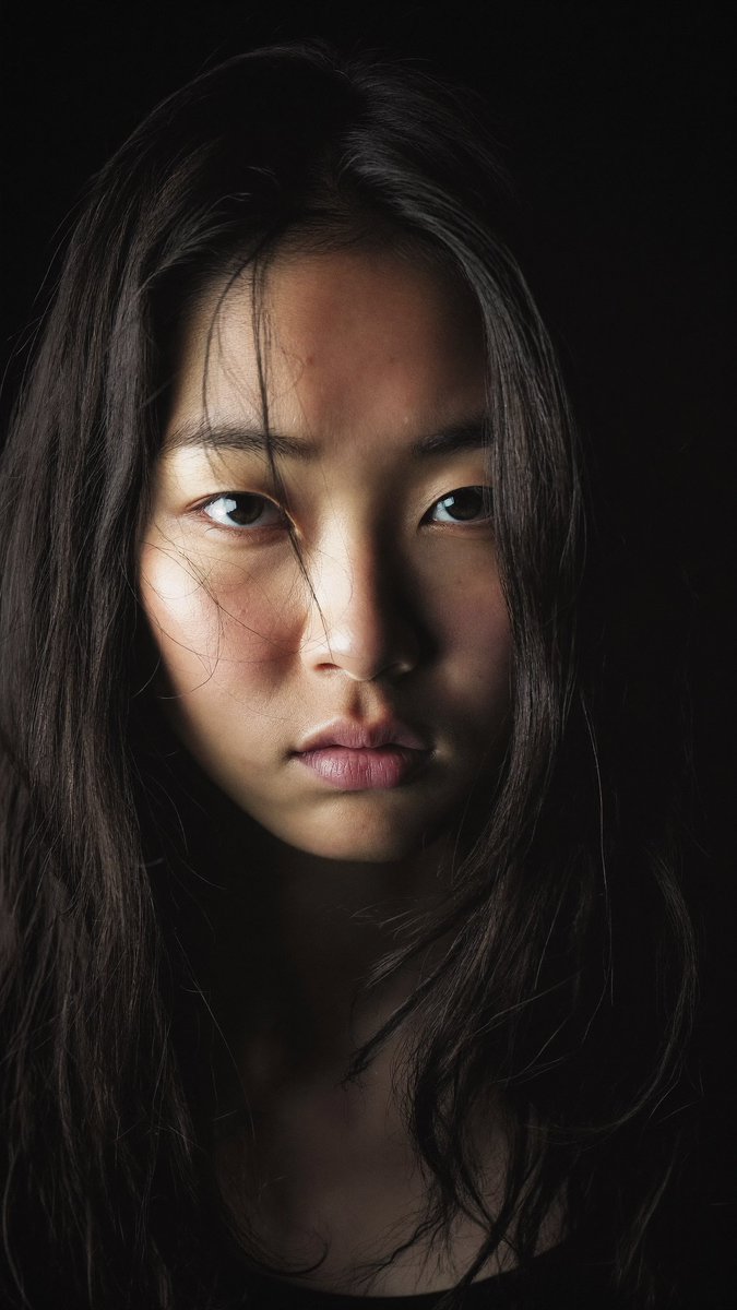 特写电影感人像：一位年轻的东亚女性，长长的略带凌乱的黑发披在肩上，几缕散发拂过脸庞。她直视镜头，表情平静、专注而略带忧郁。左侧柔和而戏剧性的侧光照亮她半边脸庞，另一半则陷入深重的阴影。背景近乎...