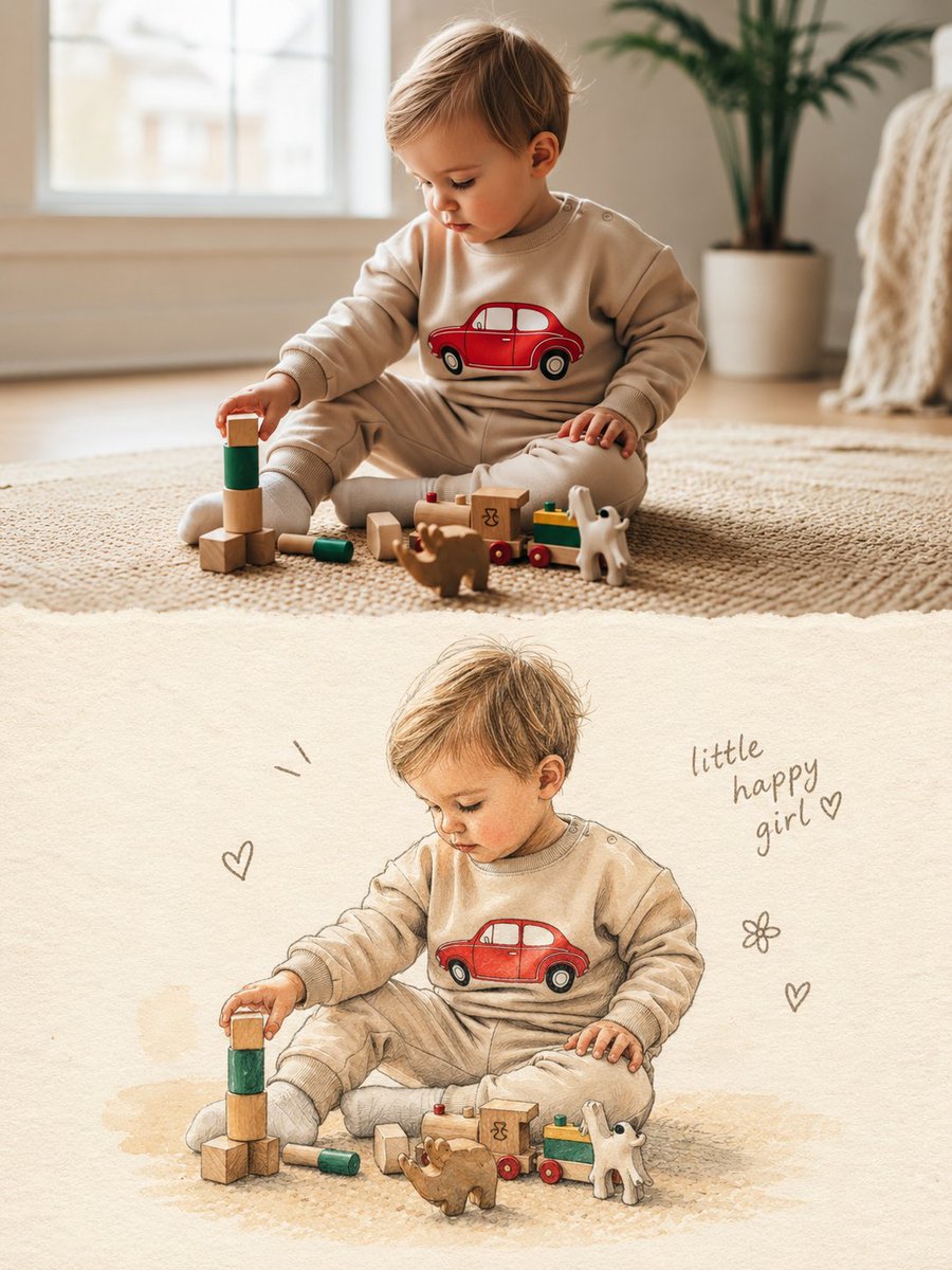 GPT Image 2 提示词 创建一幅竖向 3:4 的构图，将上传的照片与同一瞬间的手绘插画版本结合在一起。 上半部分 — 原始照片 将上传的照片保留在画布的上方区域，占据大约 50%。 将...