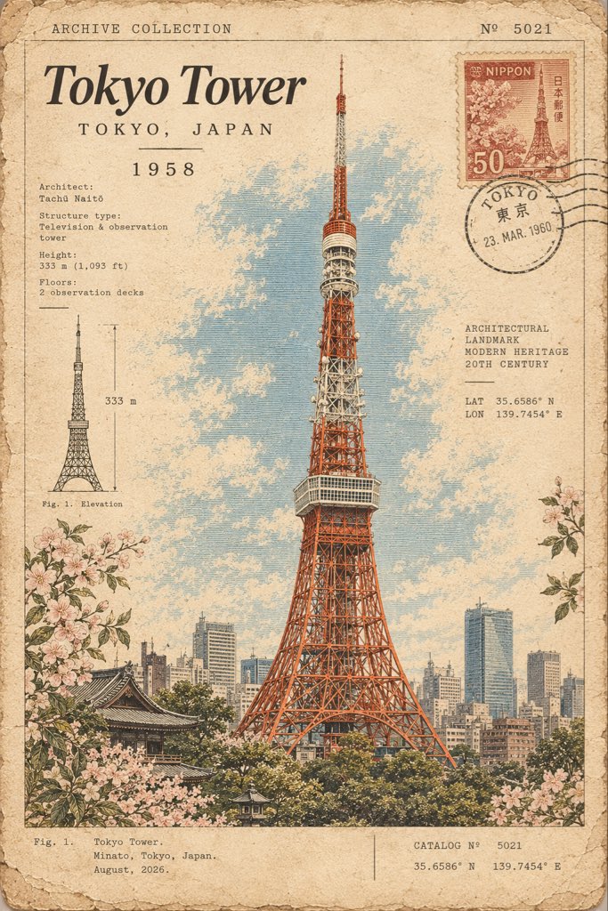 为[ICONIC STRUCTURE]（标志性建筑）制作一张古建筑标本卡，将该建筑视为具有历史重要性的建筑文物。以精细的手工雕刻插图展示建筑全貌，周围环绕着精致的植物装饰边框和富有氛围的天空。...