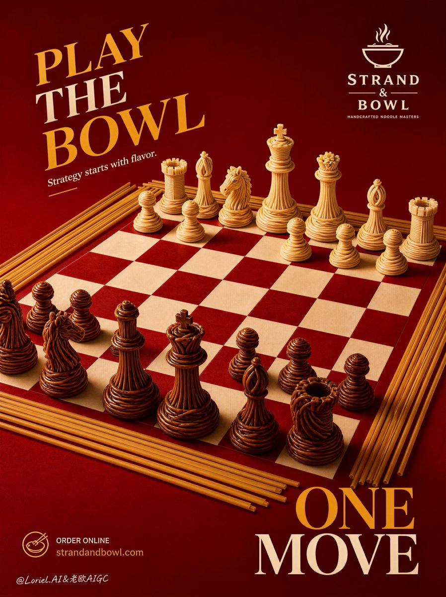 廉价餐厅传单,杂乱的棋盘,凌乱的面条碎屑,薄弱的国际象棋剪影,难以辨认的标志,浑浊的红色背景,过多道具,卡通食物,扁平光照,低端外卖设计,混乱的排版,扭曲的棋盘视角