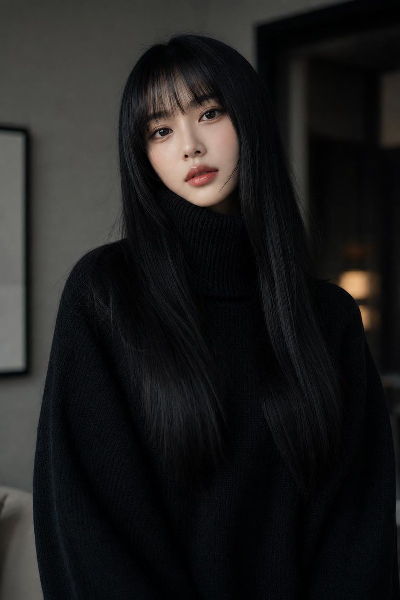 超写实高级时尚人像肖像画，一位精致的年轻女性，纵向 9:16 比例。她拥有极其修长、顺滑、丝般乌黑亮泽的头发，自然散发微妙光泽，完美平直的厚刘海勾勒额头，光滑的发丝如瀑布般垂落于肩头与胸前。精...