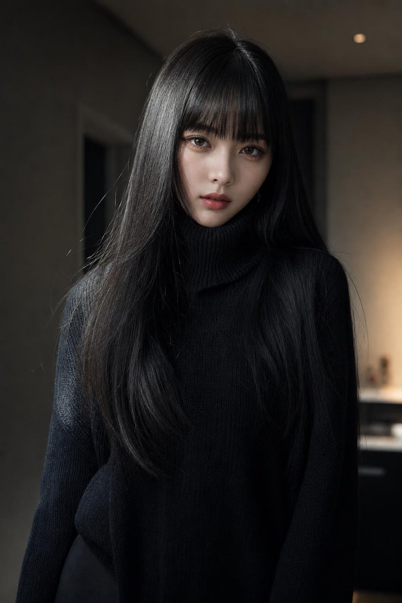 超写实高级时尚人像肖像画，一位精致的年轻女性，纵向 9:16 比例。她拥有极其修长、顺滑、丝般乌黑亮泽的头发，自然散发微妙光泽，完美平直的厚刘海勾勒额头，光滑的发丝如瀑布般垂落于肩头与胸前。精...