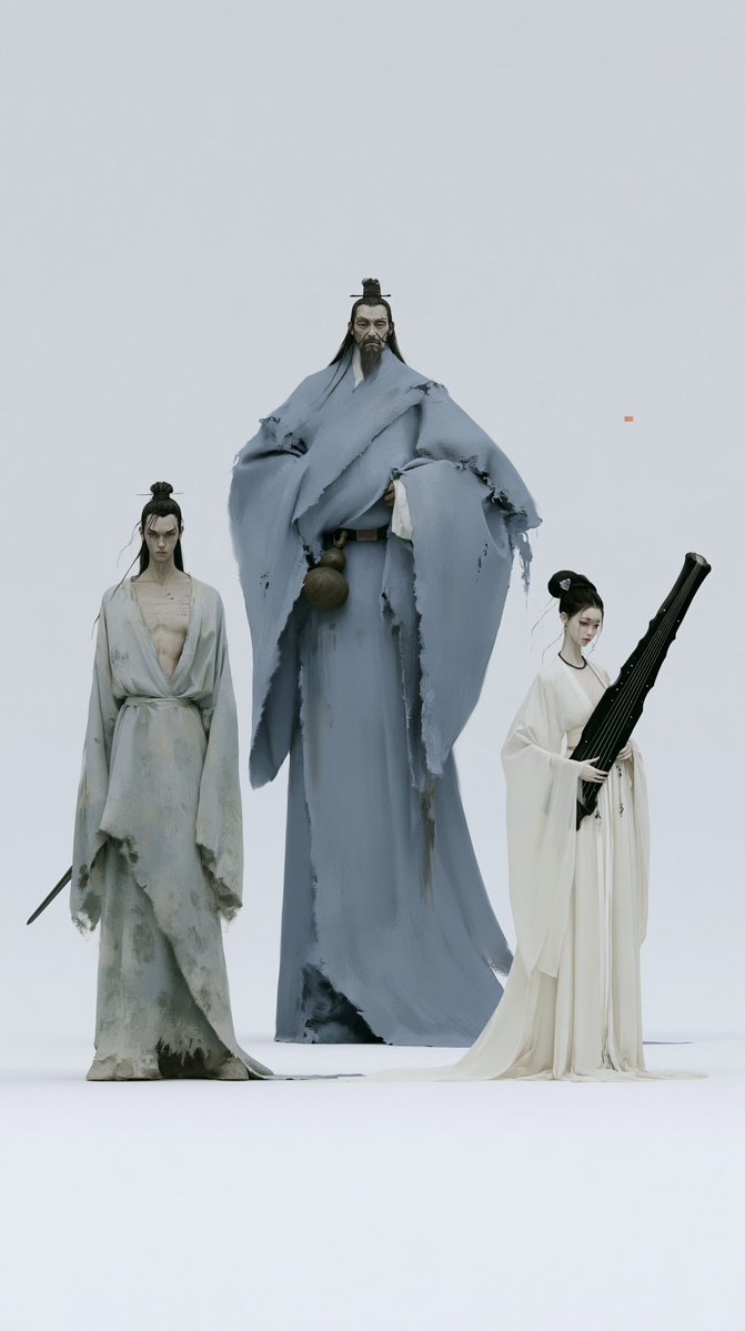 纯白无缝背景,棚拍角色参考表风格,三个全身角色分开站立,真实的中国唐代背景,东亚面部特征,符合历史,绝对不出现现代元素,无道具,无背景景物,干净独立的角色形象,柔和均匀的棚拍打光,每个角色脚下...