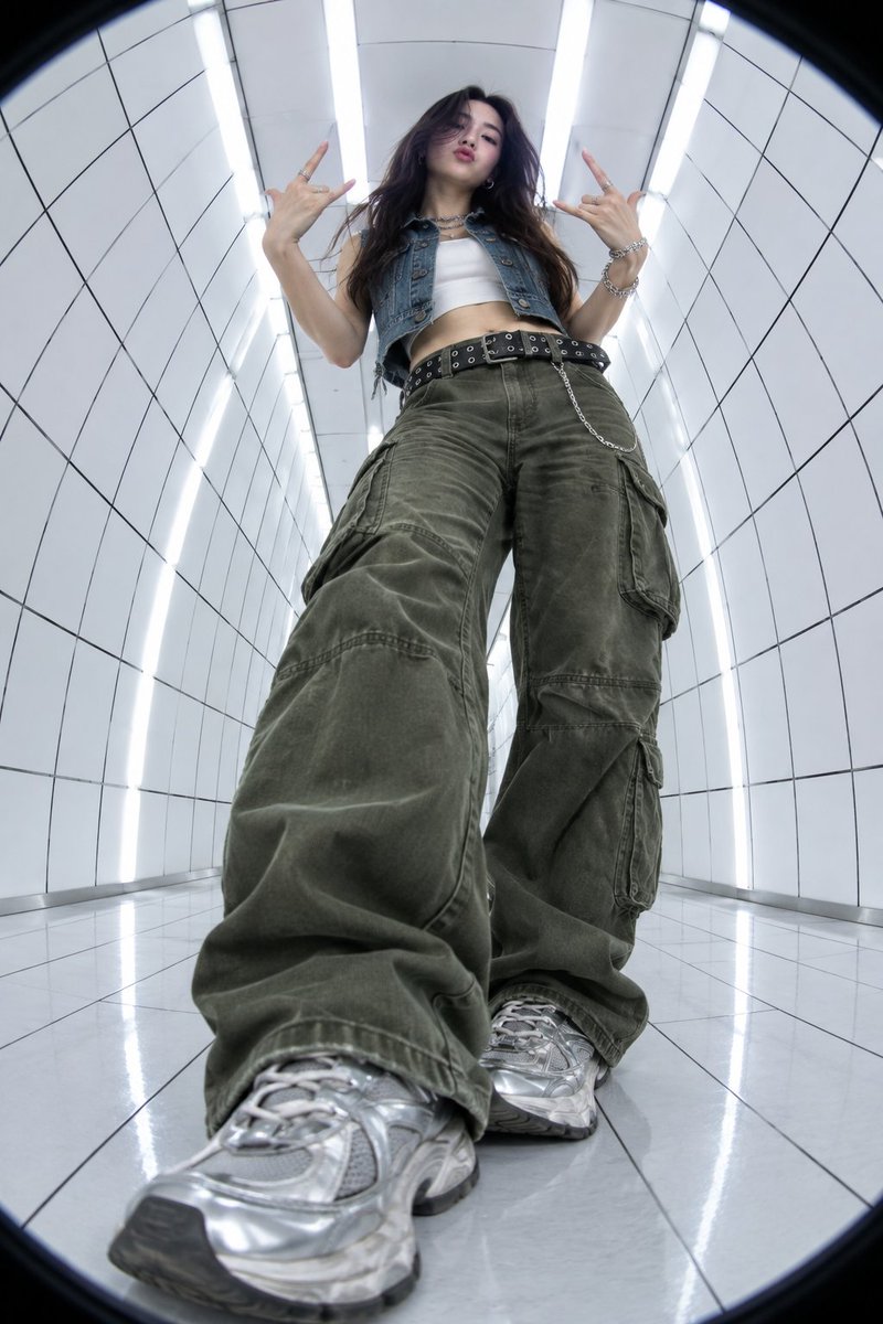 极端低角度鱼眼镜头拍摄的年轻女性照片，她有一头深色长发，做出摇滚手势。她身穿Y2K街头风格服装：白色上衣外搭短款牛仔背心，宽松橄榄绿色工装裤，铆钉腰带，厚底金属银色运动鞋，以及银色链状珠宝配饰...