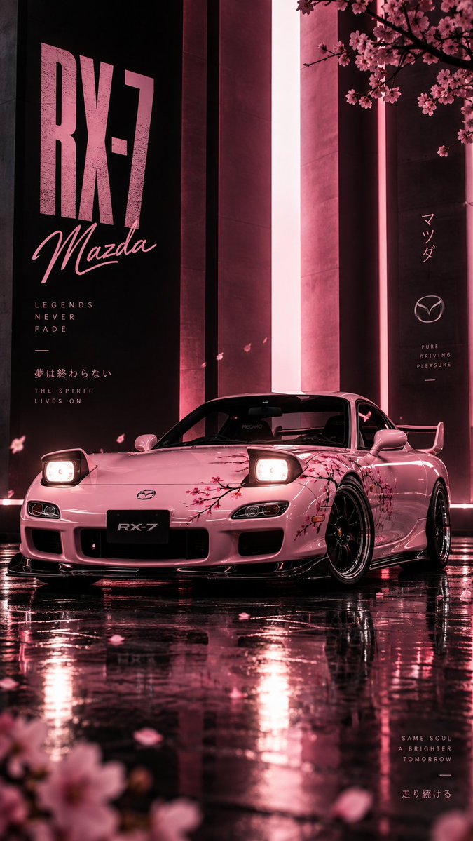 创作一张高端电影级汽车工作室海报，主体为一辆粉色 Mazda RX-7 FD，采用低位前 3/4 视角。车身采用纯净光亮的柔和粉彩色，姿态激进低趴，配备黑色前分流器、升起并点亮的翻盖式大灯、流...