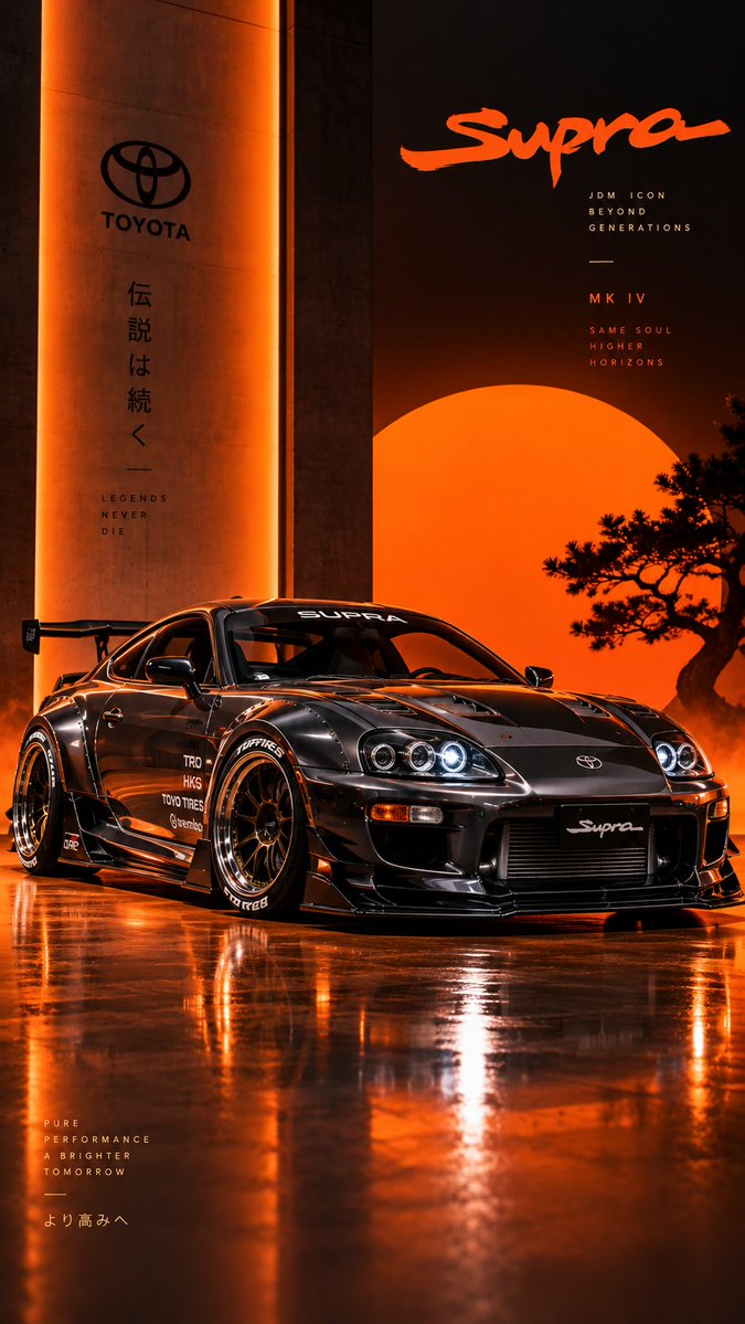 创作一张高端电影级汽车工作室海报，主体为一辆粉色 Mazda RX-7 FD，采用低位前 3/4 视角。车身采用纯净光亮的柔和粉彩色，姿态激进低趴，配备黑色前分流器、升起并点亮的翻盖式大灯、流...