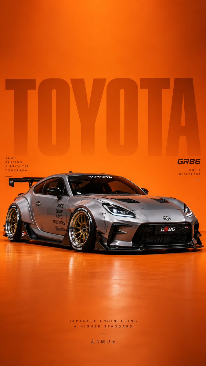 创作一张高端电影级汽车工作室海报，主体为一辆粉色 Mazda RX-7 FD，采用低位前 3/4 视角。车身采用纯净光亮的柔和粉彩色，姿态激进低趴，配备黑色前分流器、升起并点亮的翻盖式大灯、流...