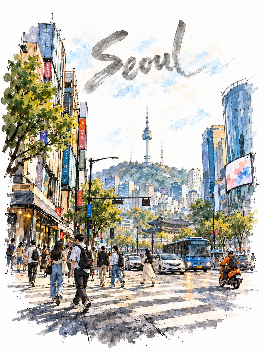 用水彩绘制一幅松散的城市速写，画的是{CITY}繁忙的十字路口，纵向 3:4，画在纯亮白色冷压水彩纸上，纸纹清晰可见。不要奶油色、米色、深褐色或复古色调。 标题：只在空旷的上方天空处以大型生动...