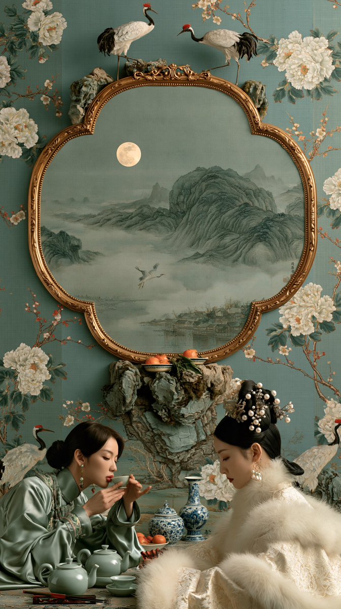 她们身后,一面古老的中华梦境壁纸缓缓展开——青蓝色的绢纸之上,白牡丹与梅枝向上穿插,织就层层叶冠;丹顶鹤涉水而过,在画中烟岚间盘旋回翔。壁面中央悬一枚荷叶边圆形开光,描金如月洞镜,框出一幅静谧...