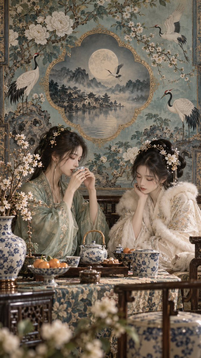 她们身后,一面古老的中华梦境壁纸缓缓展开——青蓝色的绢纸之上,白牡丹与梅枝向上穿插,织就层层叶冠;丹顶鹤涉水而过,在画中烟岚间盘旋回翔。壁面中央悬一枚荷叶边圆形开光,描金如月洞镜,框出一幅静谧...