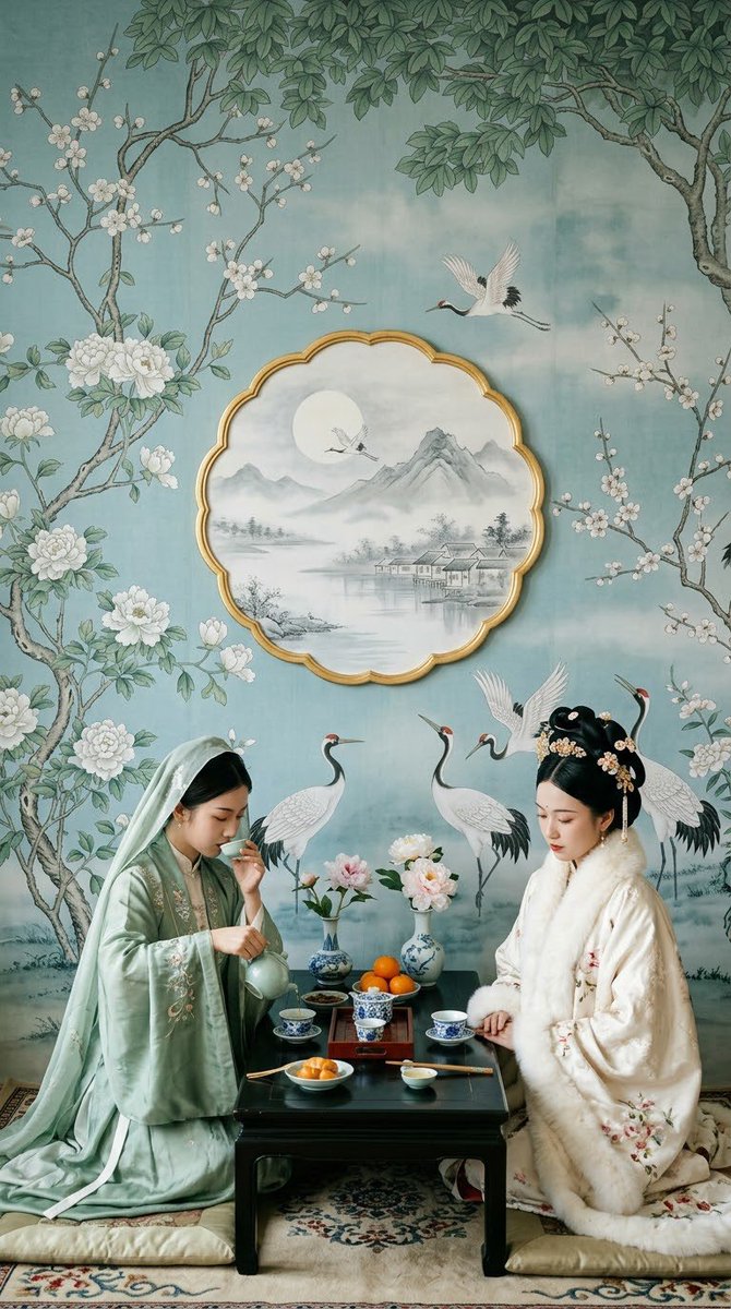 她们身后,一面古老的中华梦境壁纸缓缓展开——青蓝色的绢纸之上,白牡丹与梅枝向上穿插,织就层层叶冠;丹顶鹤涉水而过,在画中烟岚间盘旋回翔。壁面中央悬一枚荷叶边圆形开光,描金如月洞镜,框出一幅静谧...