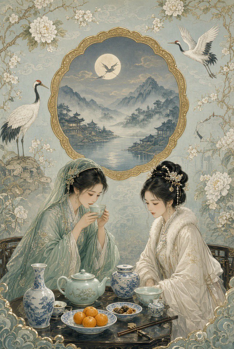 她们身后,一面古老的中华梦境壁纸缓缓展开——青蓝色的绢纸之上,白牡丹与梅枝向上穿插,织就层层叶冠;丹顶鹤涉水而过,在画中烟岚间盘旋回翔。壁面中央悬一枚荷叶边圆形开光,描金如月洞镜,框出一幅静谧...