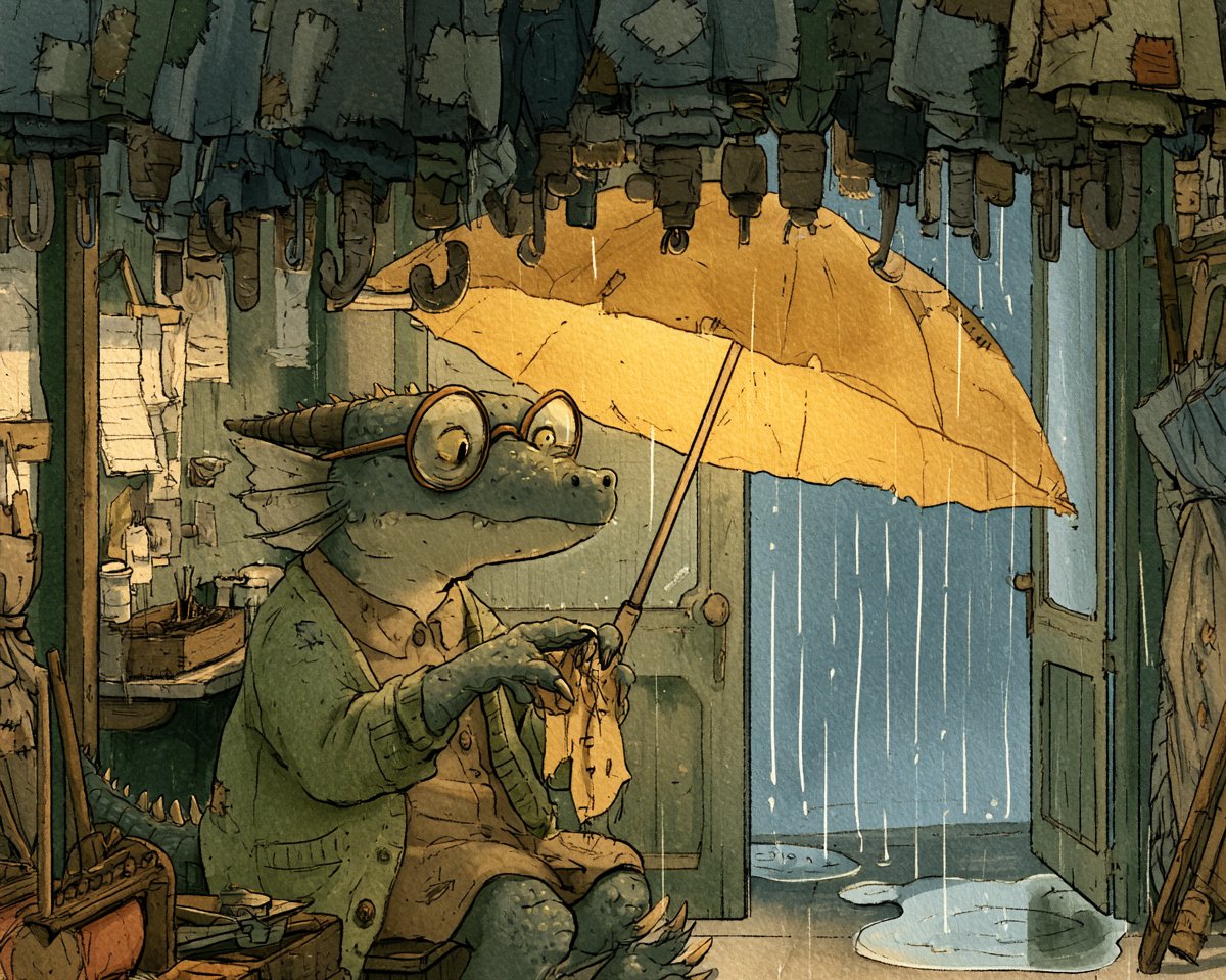 一条年迈的小龙在暴雨中狭窄的街坊小店里面修理雨伞,圆框眼镜,穿着一件旧旧的绿色羊毛开衫,纤细的爪子正在缝制一把黄色的雨伞,天花板上悬挂着几十把修补过的雨伞,敞开的门边有积水,安静的日常生活风格...