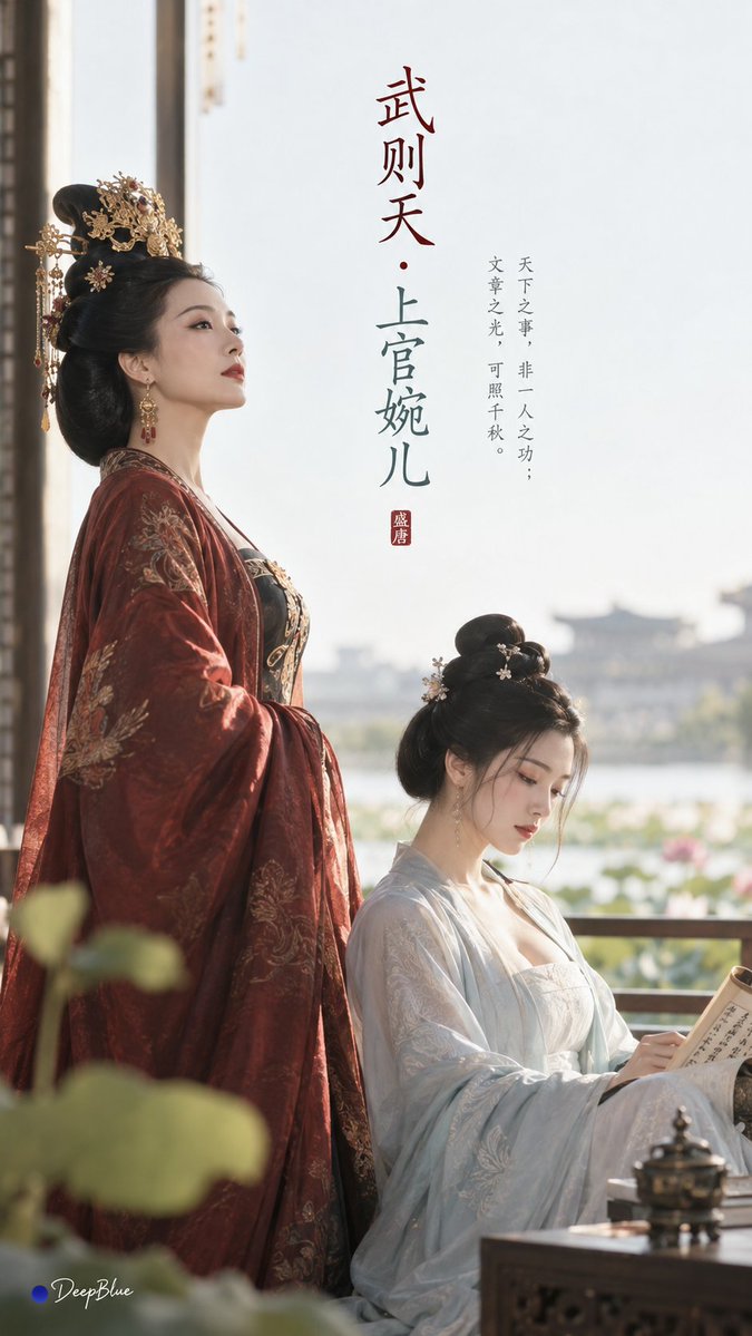 极简东方 × 盛唐美学 × 古风 Editorial × 独立艺术封面 人物：武则天、上官婉儿，盛唐女性意象，端庄、聪慧、从容，气质形成鲜明对照。 场景：与二人相关的宫廷空间，以洛阳宫苑、临水...
