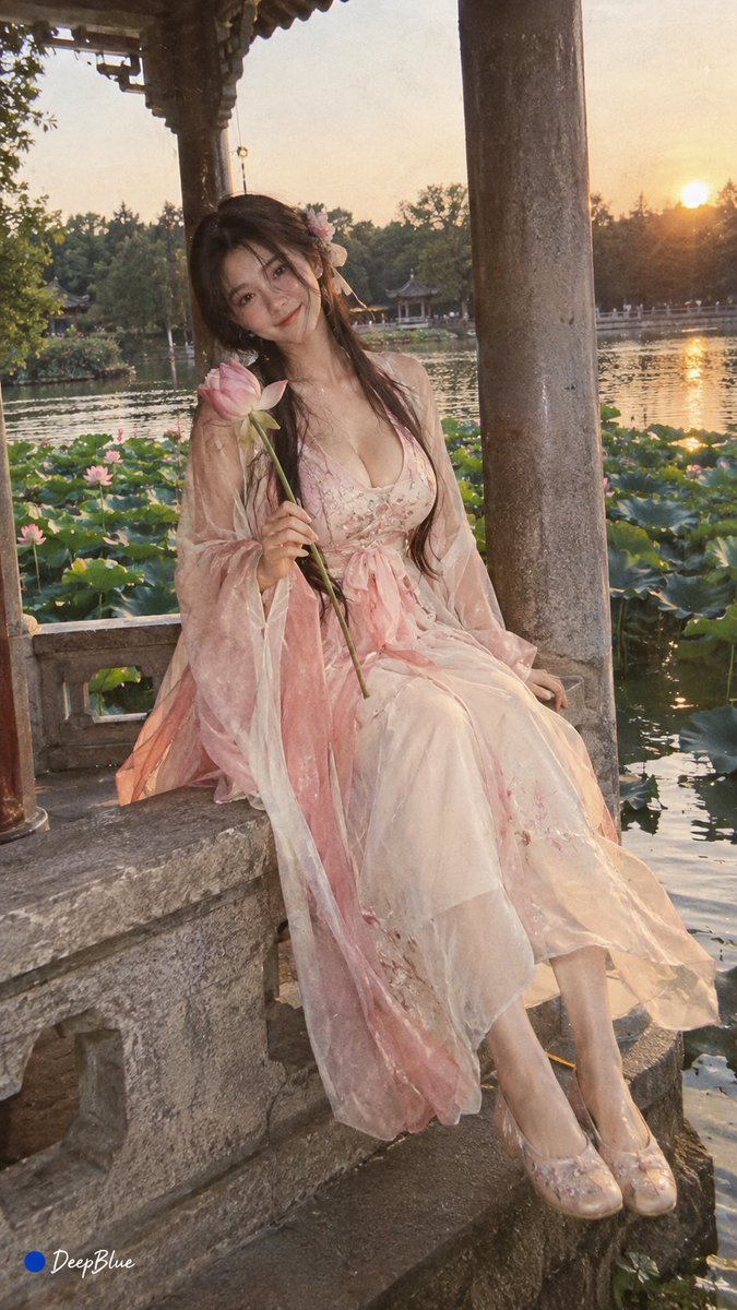 小红书素人穿搭实拍，东亚年轻女生穿粉白渐变汉服大袖衫，夸张身材，坐在湖边八角石亭栏杆上，背景是湖面荷花，夏日傍晚微风吹动裙摆，CCD相机拍摄，复古颗粒感，暖黄偏色，2000年代旧照质感，女生双...