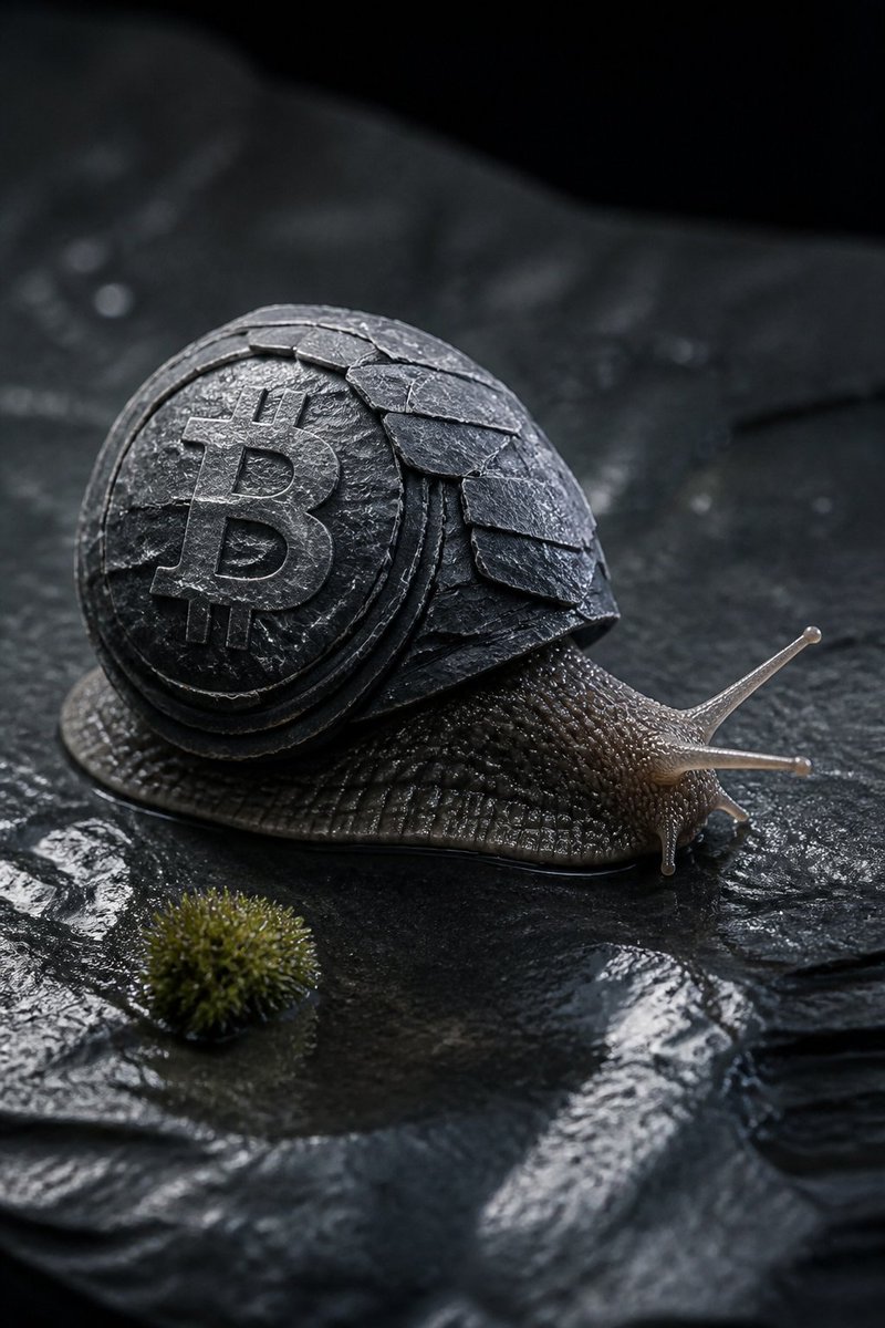 一幅照片写实风格的微距画面。一只拳头大小的蜗牛爬过潮湿的石板,它的壳由薄薄的石板层叠而成,壳上天然的灰色纹路恰好勾勒出一个清晰可辨的 BTC 标志。石板边缘挂着露珠,旁边长着一小簇苔藓。一束硬...