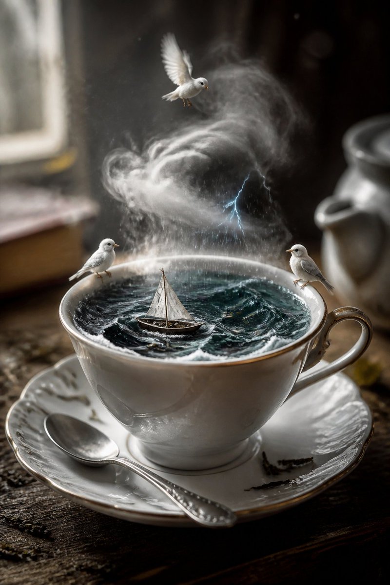 "一幅写实风格的桌面静物，颜值超高，魔幻现实主义。一只白色瓷杯装着深色茶水，变成了一片微型海洋：深色的液体翻涌成小小的风暴浪涛，一艘微型的纸帆船带着破烂的白帆与涌浪搏斗，一缕云朵在杯沿上方盘旋...