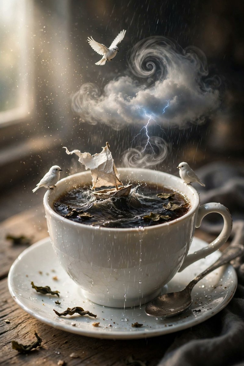 "一幅写实风格的桌面静物，颜值超高，魔幻现实主义。一只白色瓷杯装着深色茶水，变成了一片微型海洋：深色的液体翻涌成小小的风暴浪涛，一艘微型的纸帆船带着破烂的白帆与涌浪搏斗，一缕云朵在杯沿上方盘旋...