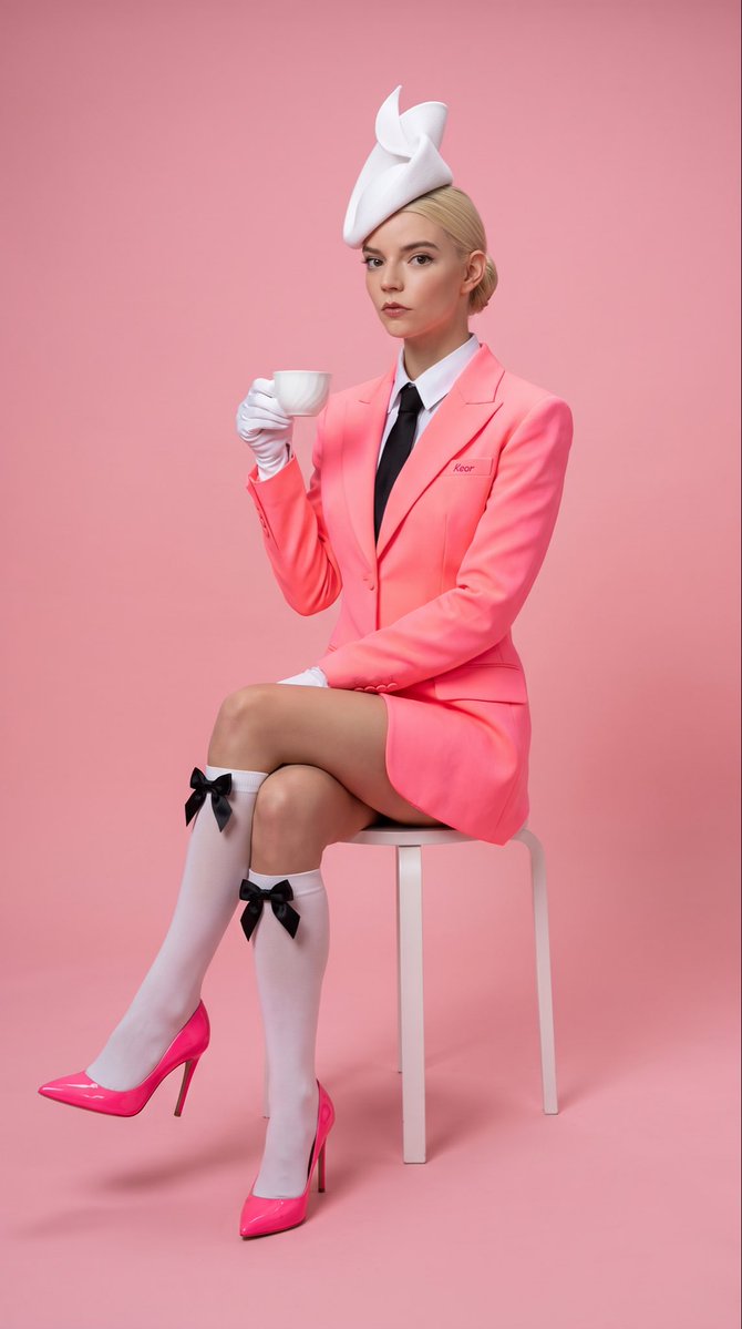 年轻女性，白皙肌肤，金发整齐地向后梳起，面部轮廓精致，唇色为大胆的红色，以冷静、从容的表情直视镜头, 金发造型光滑，向后梳离面部, 身材纤细但曲线优美，双腿修长, 坐在一张纤细的白色凳子上，双...